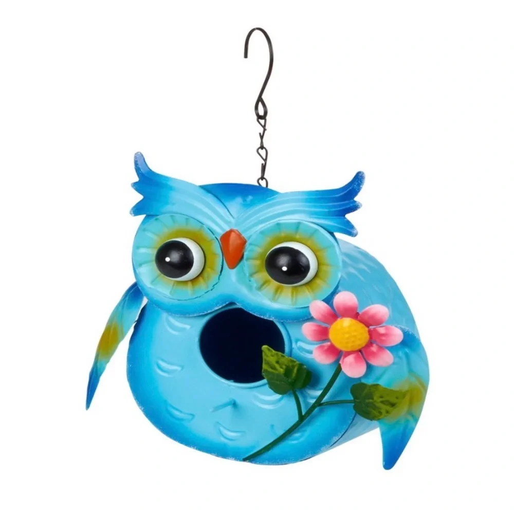 🩷. 7058. Blue Owl Birdhouse with Pink Flower & flower and butterfly house (set)
